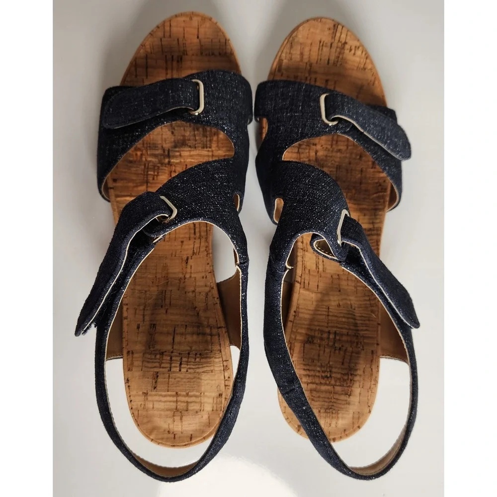 Women's Navy Shimmer Leather Cork Wedge Sandals Adjustable Straps Blue 9M